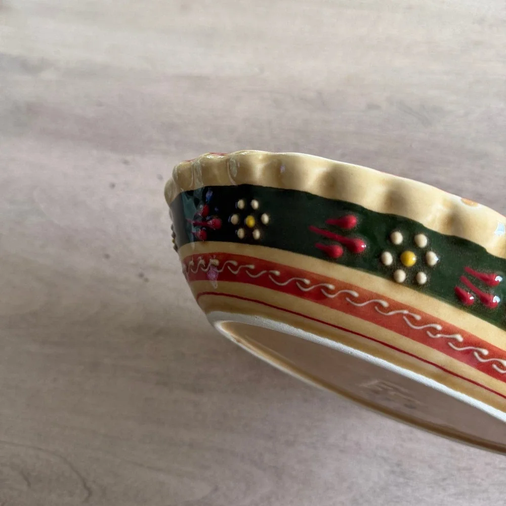 Hand Painted Ceramic Oval Serving Bowl Scalloped Rim Floral Folk Art Red Green